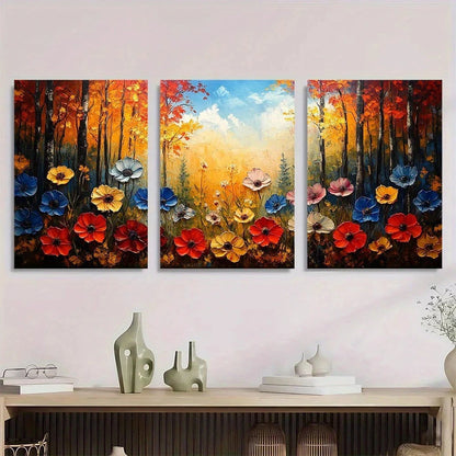 3pcs Colorful Forest Field Oil Painting Metal Print Ready to Hang Art - Bella Home Decor