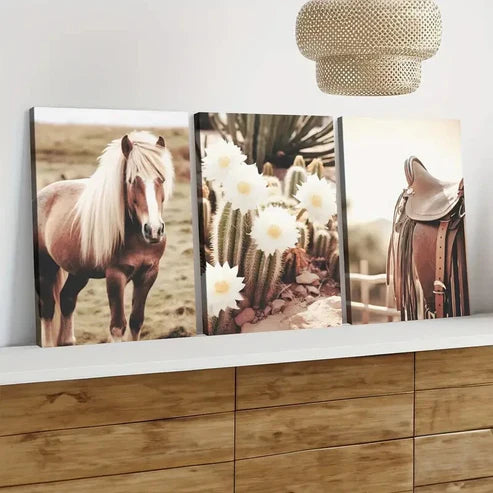 3pcs Rustic Cowboy Farmhouse Horse and Cactus  Wall Art Set Canvas Unframed - High Quality Print 100% Australian Made Wall Canvas