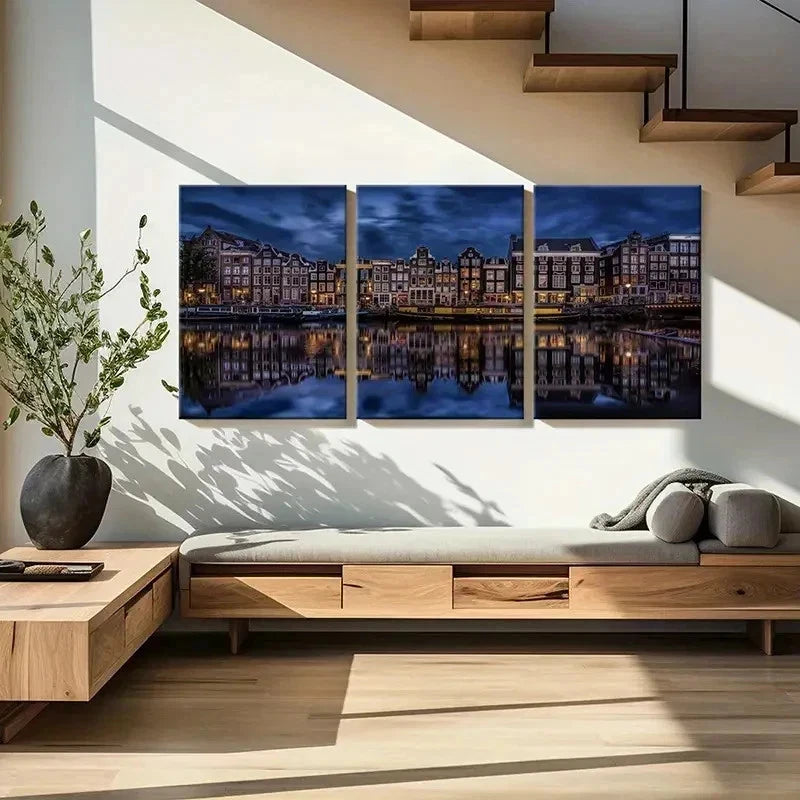 3pcs Netherlands Landscape Amsterdam Canal Wall Art Set Canvas Framed 40x60cm - High Quality Print 100% Australian Made Wall Canvas Ready to Hang - Bella Home Decor