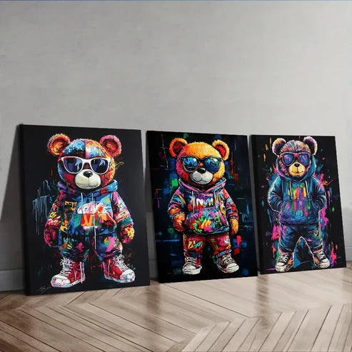3pcs Featuring a Teddy Bear Adorned Solely Wall Art Set Canvas Unframed - High Quality Print 100% Australian Made Wall Canvas