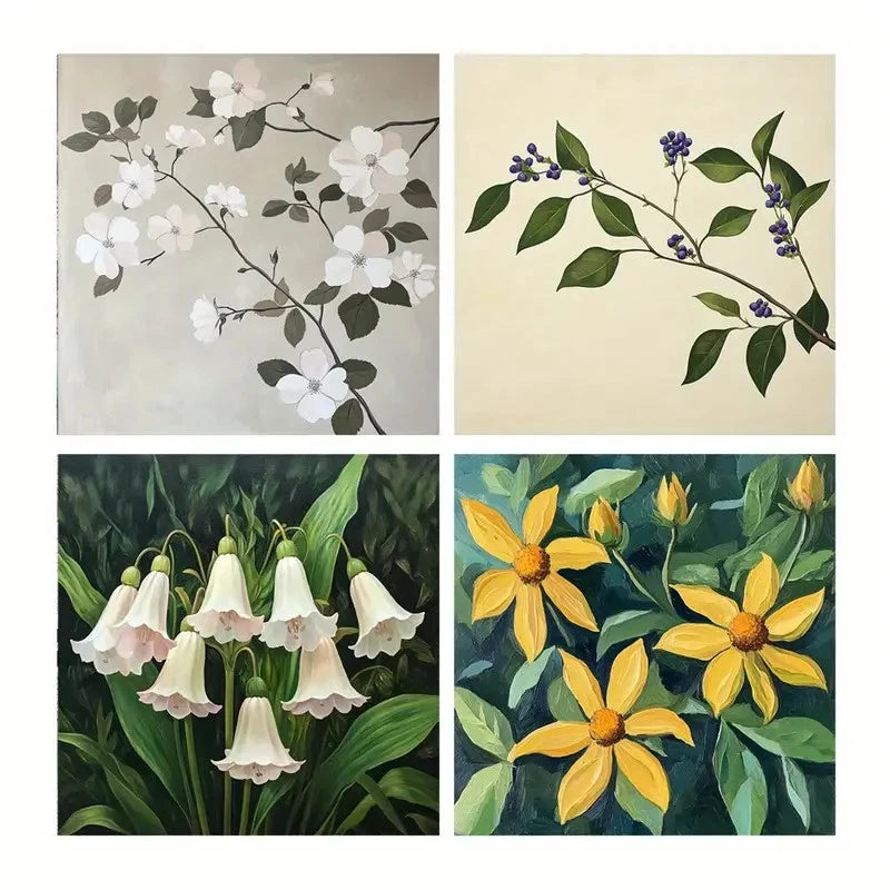 4pcs Purple Berries & White Flowers With Green Wall Art Canvas Framed