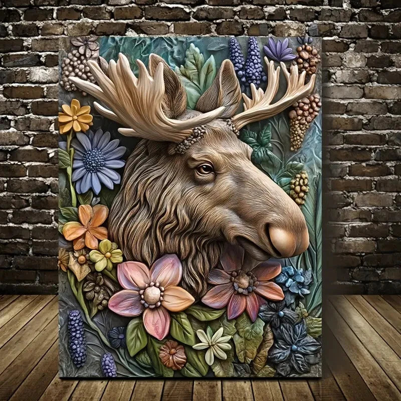 Featuring a Moose Surrounded by Floral Design Painting 40x60cm Metal Print Ready to Hang - Bella Home Decor