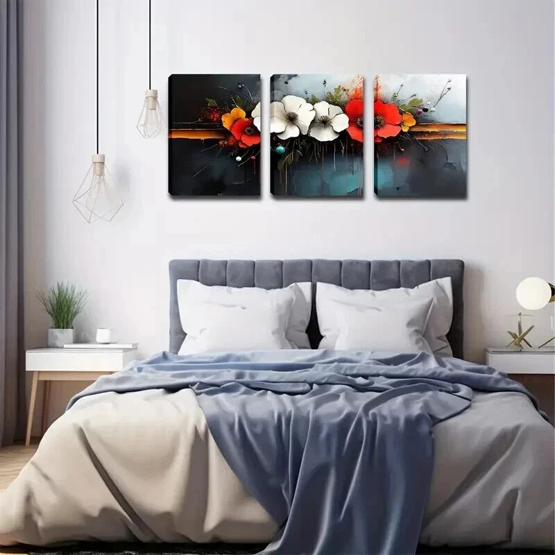 3pcs Modern Abstract Red White Flowers Perfect Wall Art Set Canvas Framed 50x70cm - High Quality Print 100% Australian Made Wall Canvas Ready to Hang - Bella Home Decor