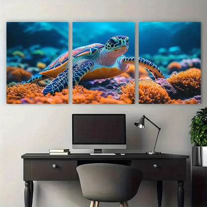 3pcs Wild Sea Turtle Colorful Coral Reef Life Wall Art Set Canvas Framed 50x70cm - High Quality Print 100% Australian Made Wall Canvas Ready to Hang