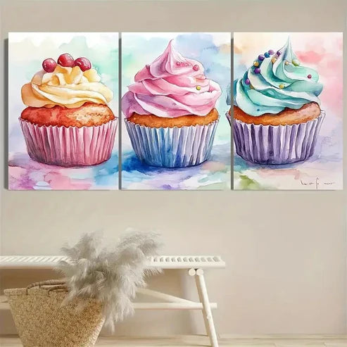 3pcs Watercolor Cupcake  Wall Art Set Canvas Unframed - High Quality Print 100% Australian Made Wall Canvas - Bella Home Decor