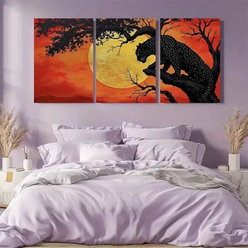 3pcs Black Leopard & Silhouetted Trees in Sunset  Art Set Canvas Unframed - High Quality Print 100% Australian Made Wall Canvas - Bella Home Decor