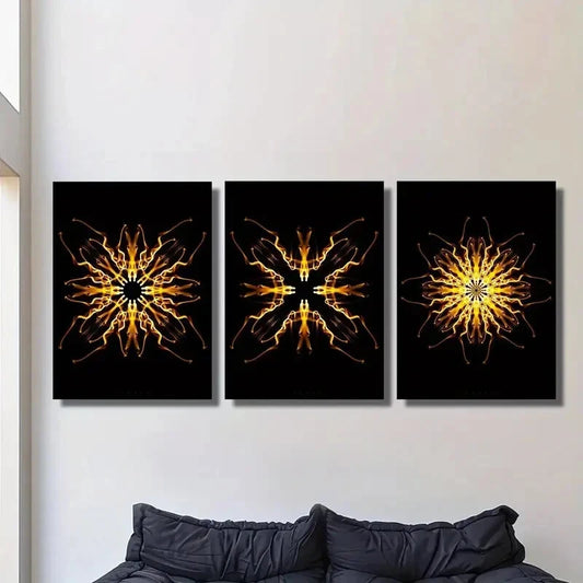 3pcs Abstract psychedelic golden kaleidoscope Metal Print Ready to Hang Art