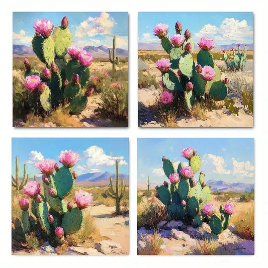 4pcsPink Flowers & Mountain SceneryWall Art Canvas Framed