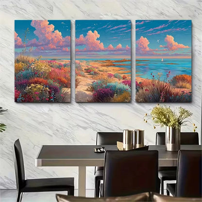 3pcs Vibrant Floral & Ocean View Landscapes Metal Print Ready to Hang Art