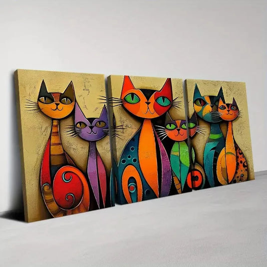 3pcs Colorful Vibrant Abstract Cats Painting Art Set Canvas Framed 50x70cm - High Quality Print 100% Australian Made Wall Canvas Ready to Hang