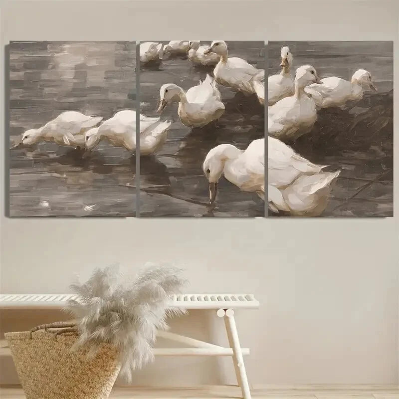 3pcs Vintage Duck in lake Illustration Metal Print Ready to Hang Art - Bella Home Decor