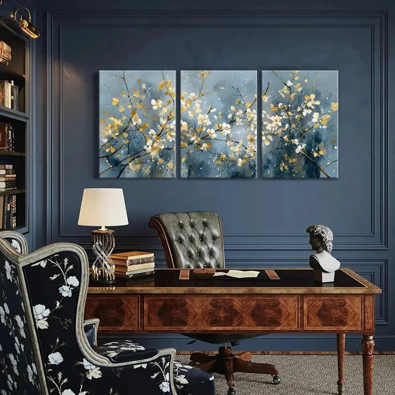 3pcs Abstract Floral Art Golden Blossoms Elegant Metal Print Ready to Hang Art - Bella Home Decor