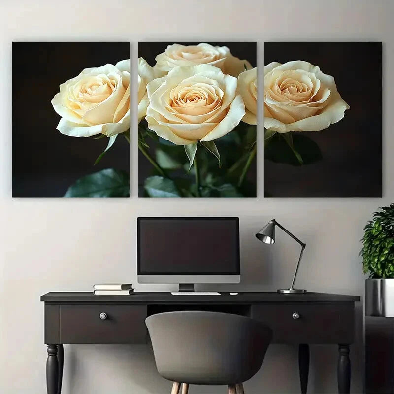 3pcs White Rose Bouquet in Black Background Metal Print Ready to Hang Art - Bella Home Decor