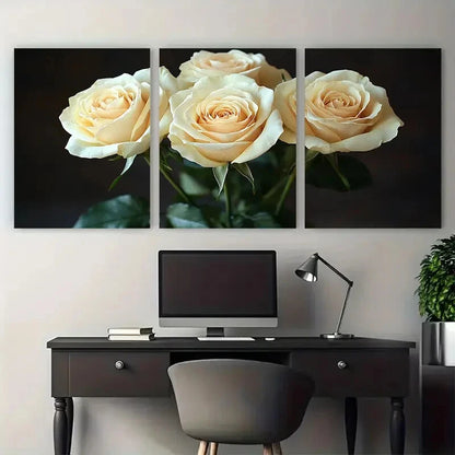 3pcs White Rose Bouquet in Black Background Metal Print Ready to Hang Art - Bella Home Decor