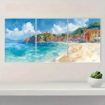 3pcs Italian Landscape Watercolor Coastal Town Metal Print Ready to Hang Art - Bella Home Decor