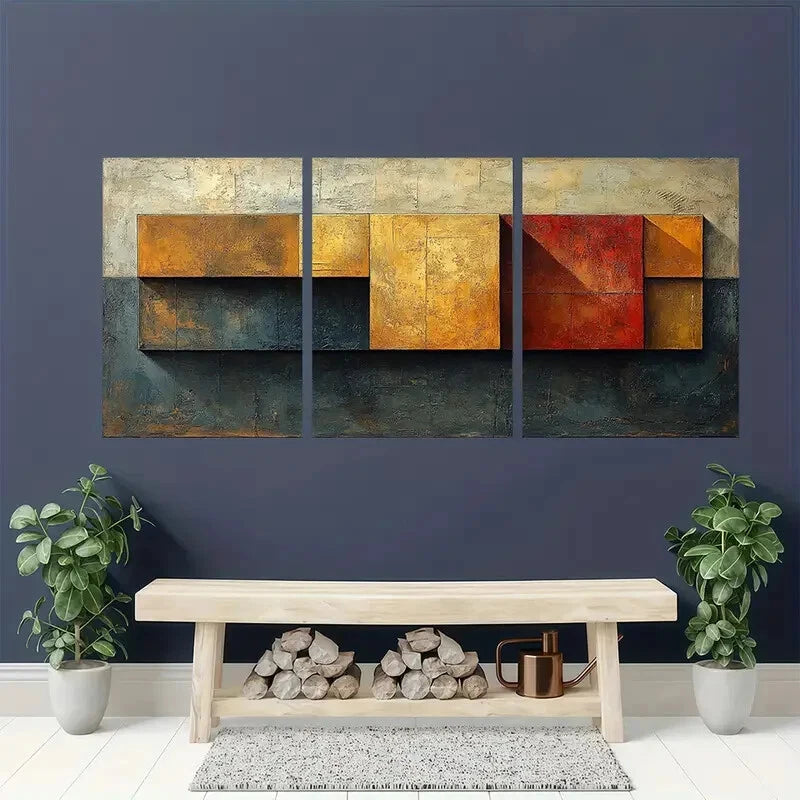 3pcs Brown Geometric Abstract Texture Painting Metal Print Ready to Hang Art - Bella Home Decor