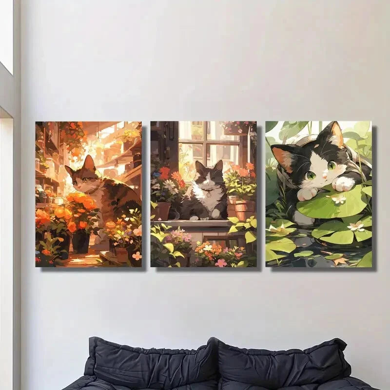 3pcs cartoon cats, small fresh illustrations Metal Print Ready to Hang Art