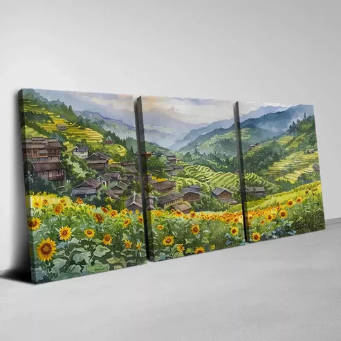 3pcs Mountain Village with Sunflower Field View Wall Art Set Canvas Unframed - High Quality Print 100% Australian Made Wall Canvas
