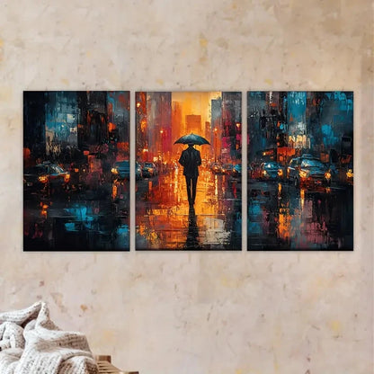 3pcs painting of a person walking in the rain Wall Art Set Canvas Framed 40x60cm - High Quality Print 100% Australian Made Wall Canvas Ready to Hang - Bella Home Decor