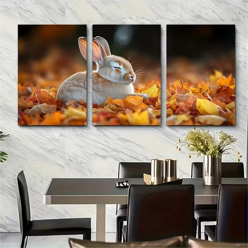 3pcs Autumn Bunny RabbitRelaxing in Crunchy Leaves Metal Print Ready to Hang Art - Bella Home Decor