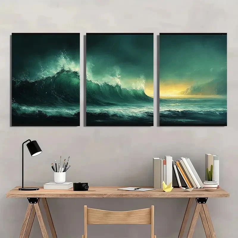3pcs Green Abstract Landscape Sunset Reflections Metal Print Ready to Hang Art - Bella Home Decor