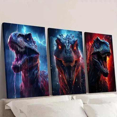 3pcs Ferocious Dinosaur Illustration Wall Art Set Canvas Unframed - High Quality Print 100% Australian Made Wall Canvas