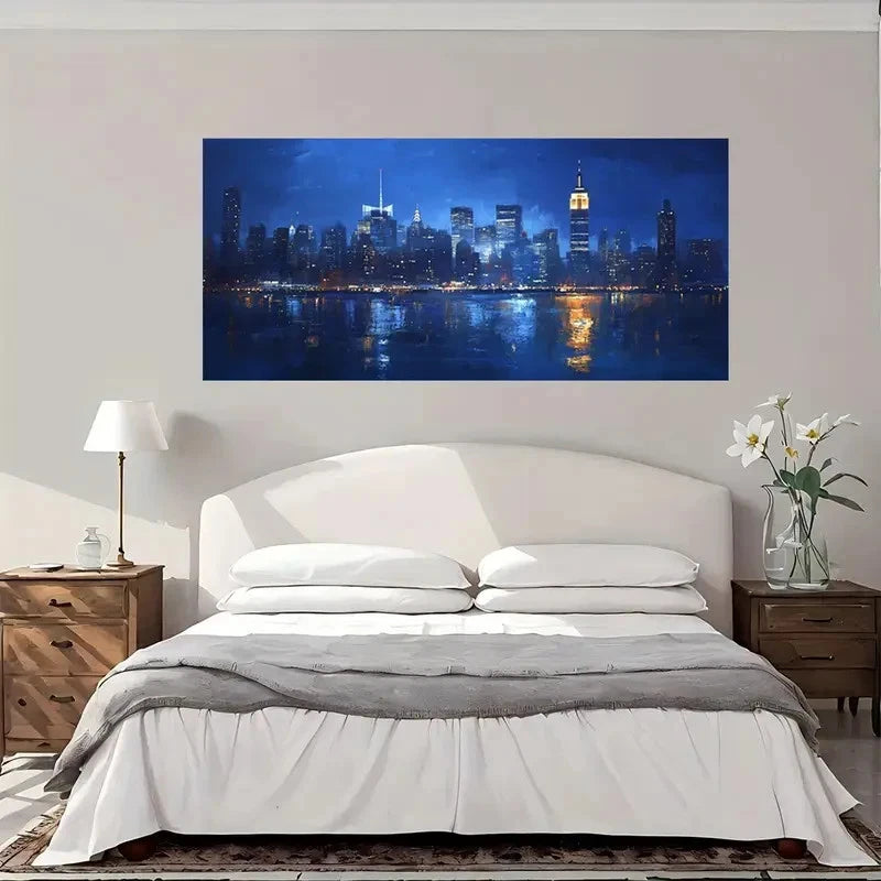 City Lights Reflections Water Wall Art Canvas Office Home Room Framed 120x60cm