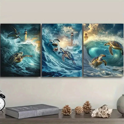 3pcs Two Turtles Surfing, Luxurious Wall Art Set Canvas Framed 40x60cm - High Quality Print 100% Australian Made Wall Canvas Ready to Hang - Bella Home Decor