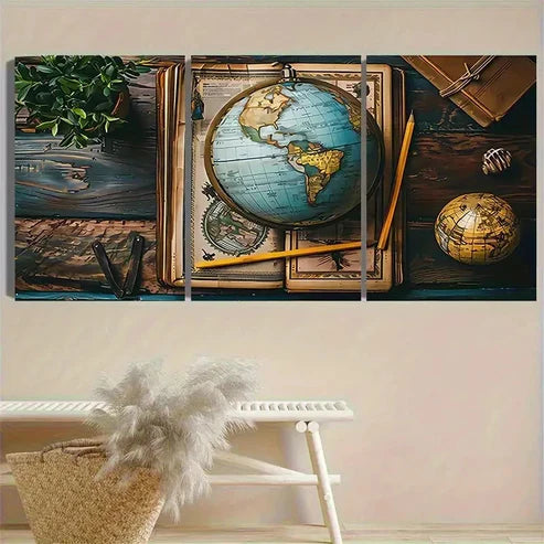 3pcs Vintage Globe And Map Wall Art Set Canvas Unframed - High Quality Print 100% Australian Made Wall Canvas - Bella Home Decor