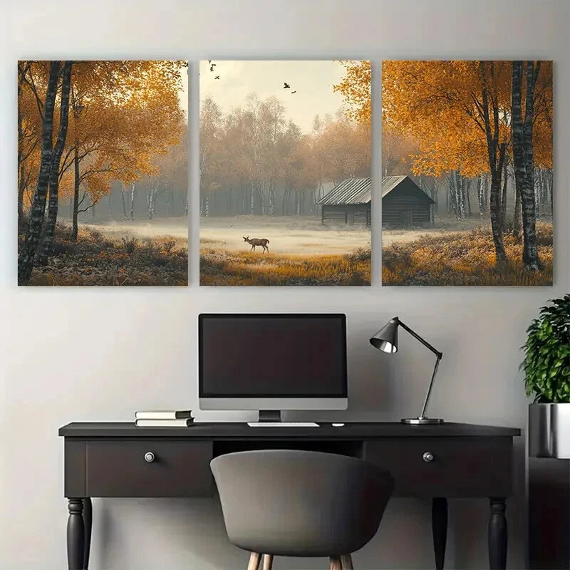 3pcs Nordic Minimalist Autumn Morning Scene Metal Print Ready to Hang Art