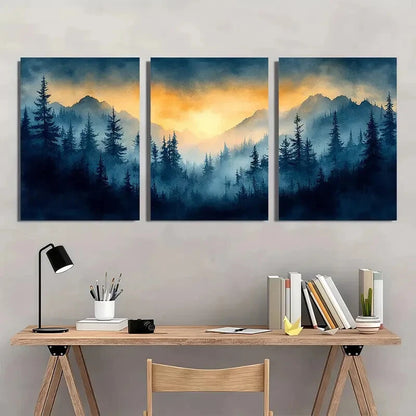 3pcs Vermont Landscape Foggy Forest with Golden Metal Print Ready to Hang Art - Bella Home Decor