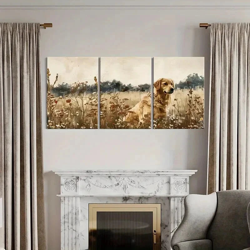 3pcs Golden Retriever Floral Garden Vintage Style Metal Print Ready to Hang Art - Bella Home Decor