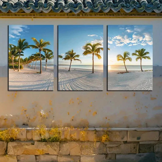 3pcs Vibrant Palm Trees on The Beautiful Beach Metal Print Ready to Hang Art