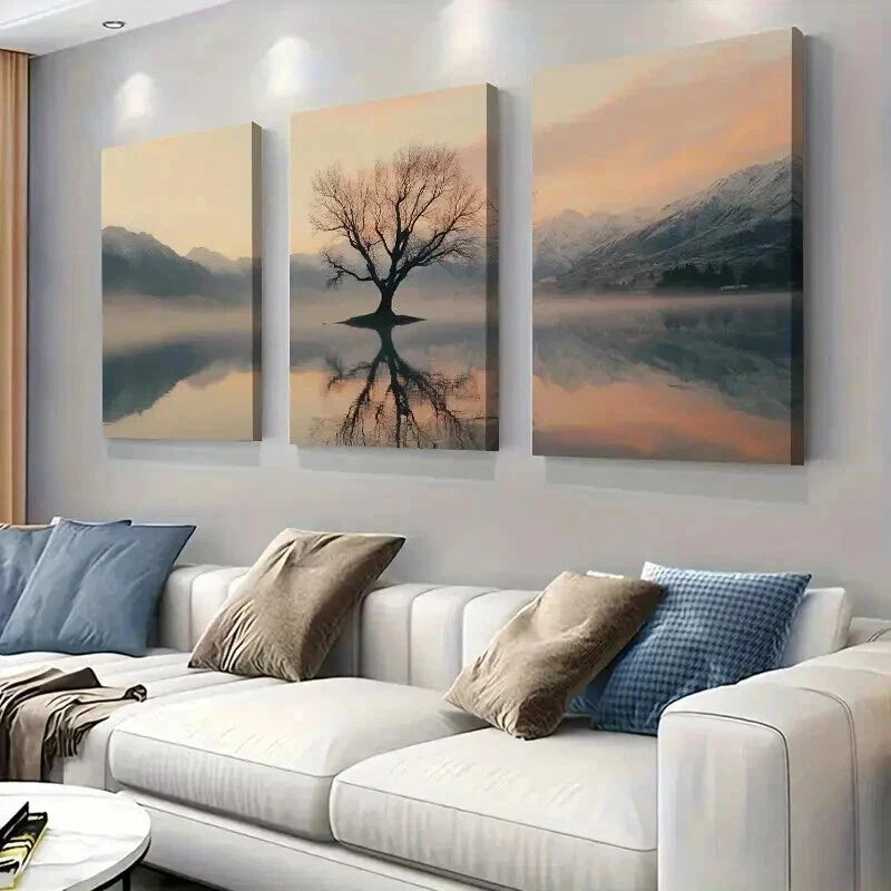 3pcs Reflection of Lone Tree in Misty Mountain Wall Art Set Canvas Framed 50x70cm - High Quality Print 100% Australian Made Wall Canvas Ready to Hang