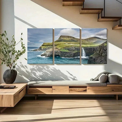 3pcs Múlafossur Waterfall Natural Wall Art Set Canvas Framed 40x60cm - High Quality Print 100% Australian Made Wall Canvas Ready to Hang