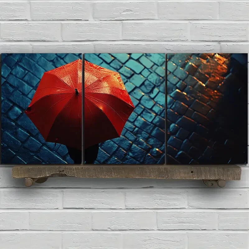 3pcs People with Red Umbrellas on Rainy Streets Metal Print Ready to Hang Art - Bella Home Decor