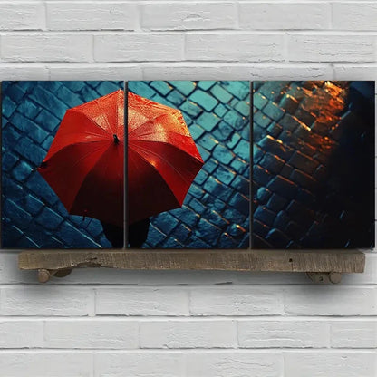3pcs People with Red Umbrellas on Rainy Streets Metal Print Ready to Hang Art - Bella Home Decor
