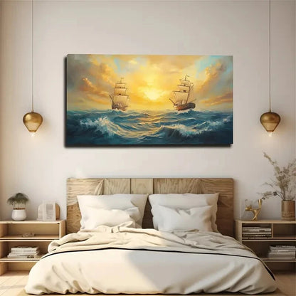 Nautical Sailboats Stormy Sea Wall Art Canvas Office Home Room Framed 120x60cm - Bella Home Decor