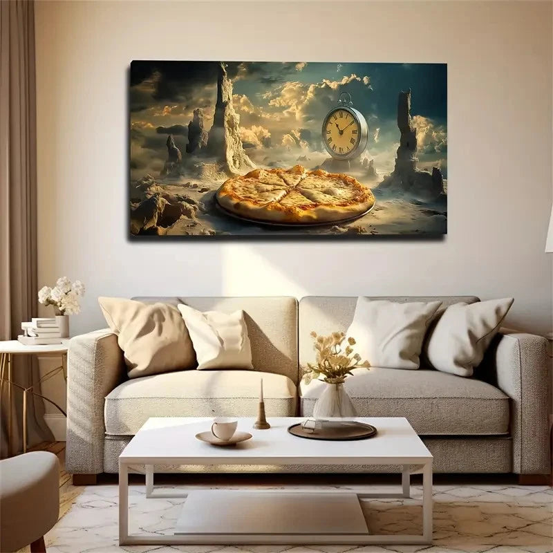 Vintage Clock With Pizza & Wall Art Canvas Office Home Room Framed 120x60cm