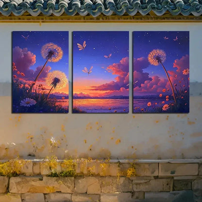3pcs Vibrant Dandelion Sunset Nature-Themed Scene Metal Print Ready to Hang Art