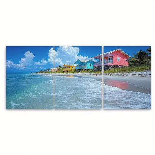 3pcs Vibrant Beach House Coastal Colorful Seaside Metal Print Ready to Hang Art