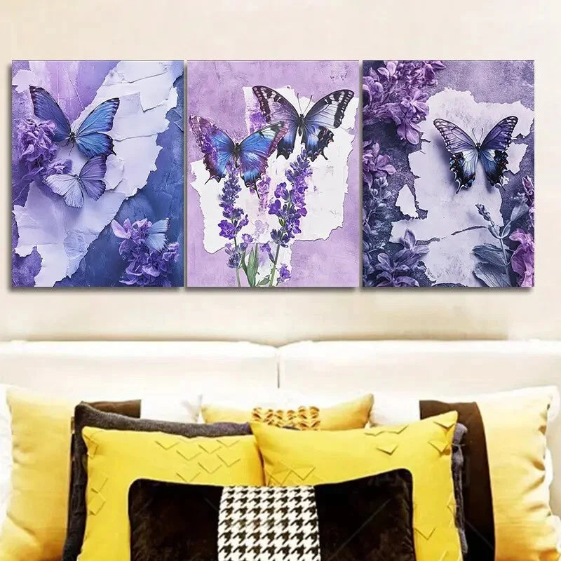 3pcs Butterfly And Floral Canvas Wall Art Metal Print Ready to Hang Art