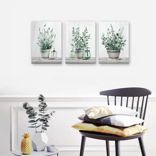 3pcs Artwork of Green Leaves in Vases Metal Print Ready to Hang Art