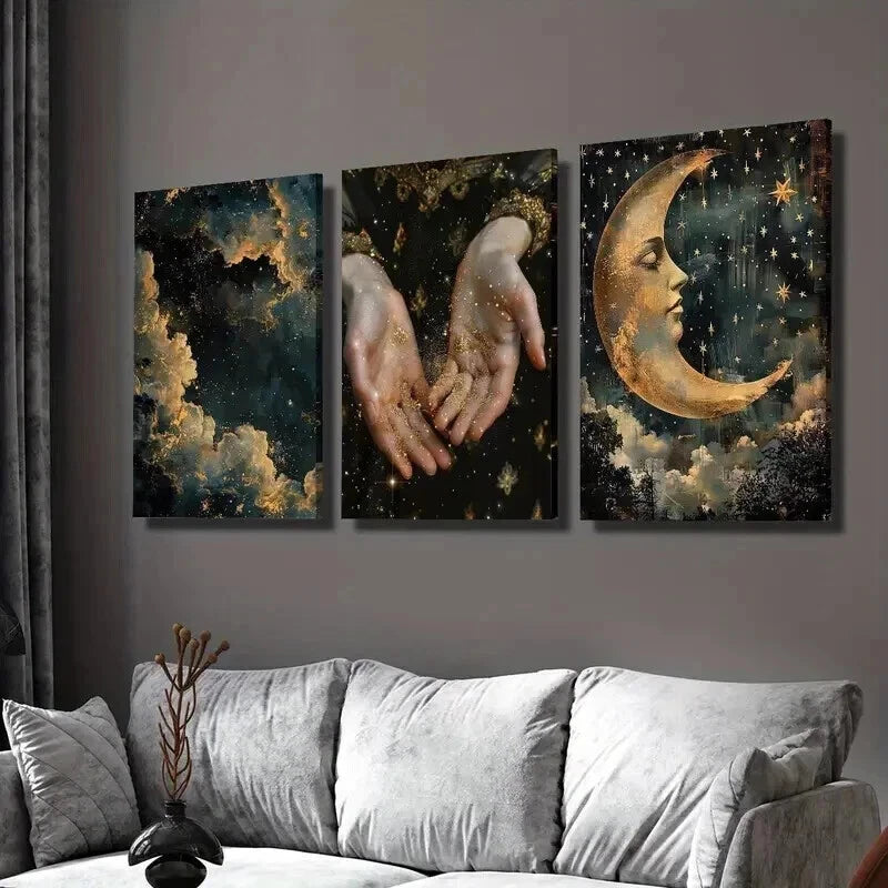 3pcs Abstract Magic Shine in Hand Stars Moon Wall Art Set Canvas Framed 50x70cm - High Quality Print 100% Australian Made Wall Canvas Ready to Hang