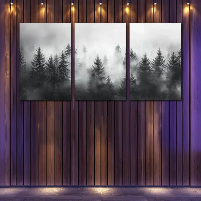 3pcs Pine Tree Silhouettes on Foggy Landscape  Wall Art Set Canvas Framed 50x70cm - High Quality Print 100% Australian Made Wall Canvas Ready to Hang