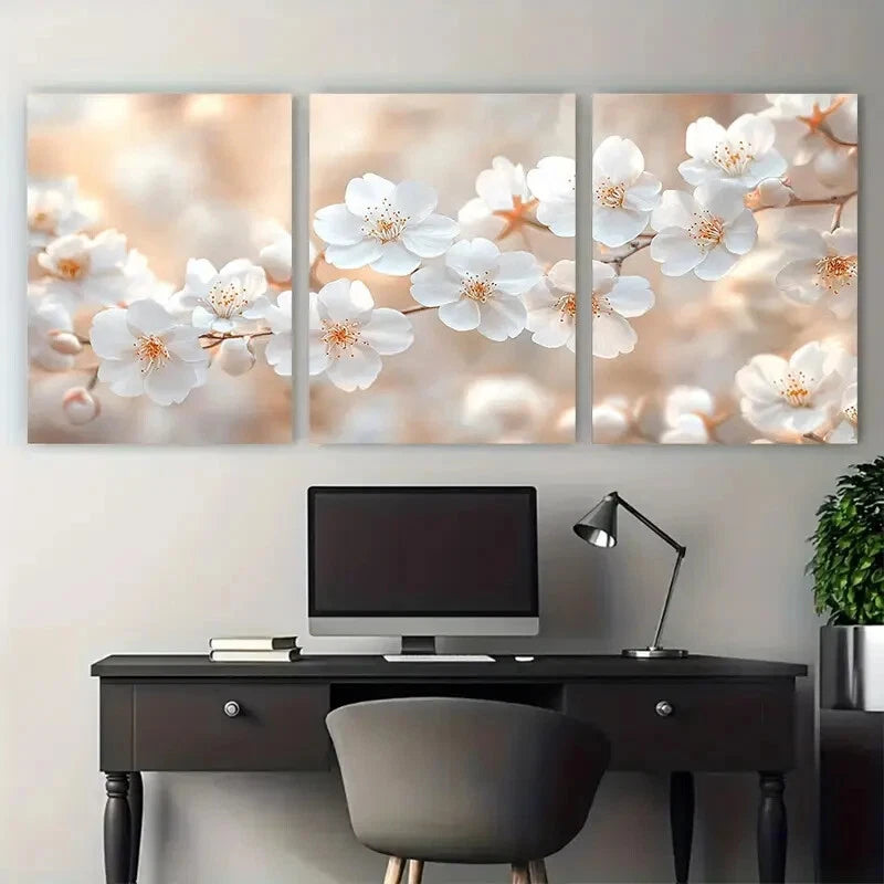 3pcs Ethereal White Cherry Blossom Floral Design Metal Print Ready to Hang Art - Bella Home Decor