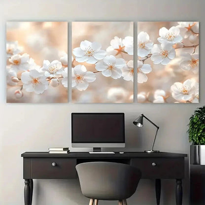3pcs Ethereal White Cherry Blossom Floral Design Metal Print Ready to Hang Art - Bella Home Decor