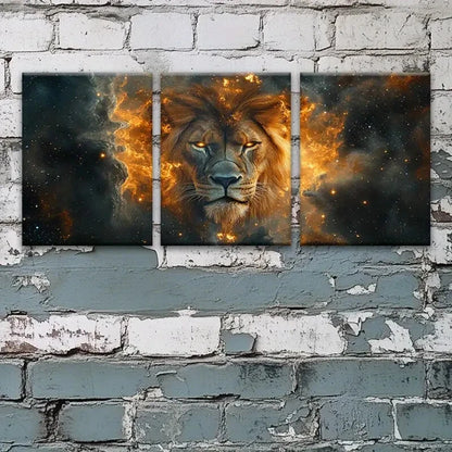 3pcs Majestic Lion with Glowing Eyes & Cosmic Metal Print Ready to Hang Art