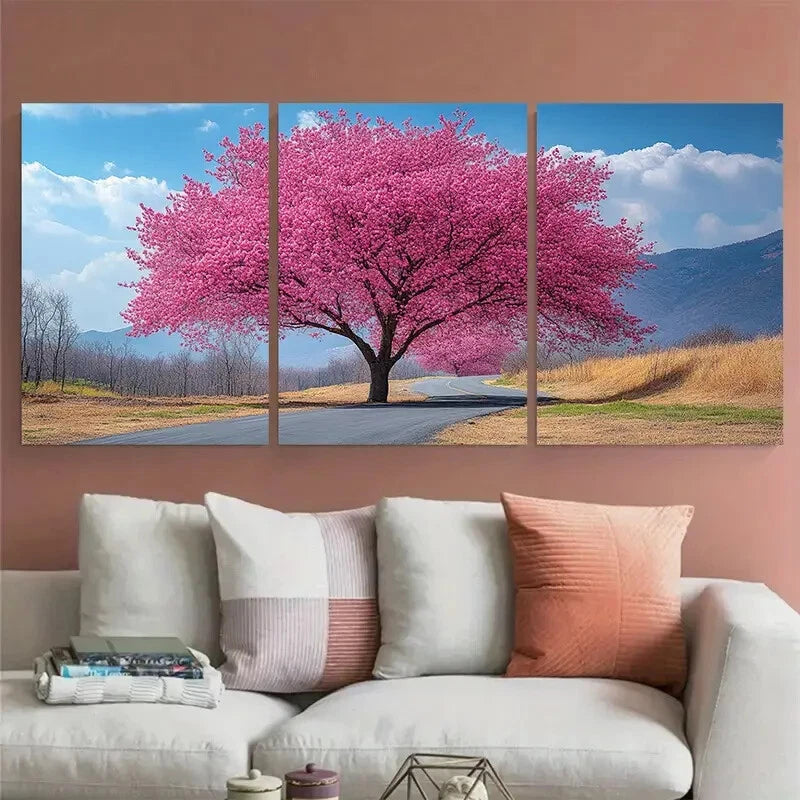 3pcs Large Pink Blossom Tree Spring Nature Metal Print Ready to Hang Art - Bella Home Decor