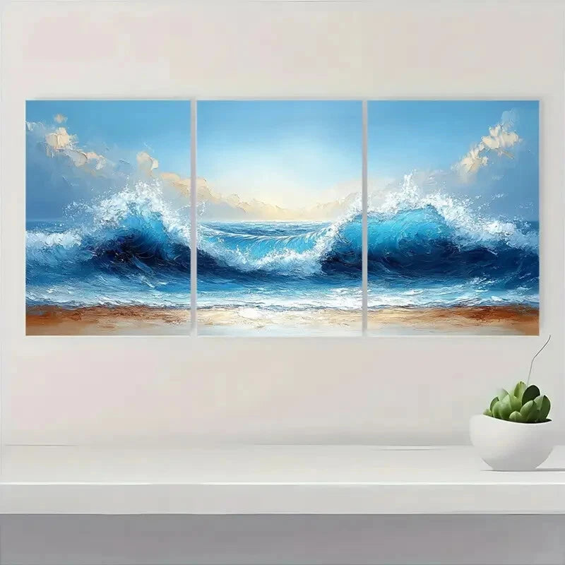 3pcs Vibrant Blue Sea Waves Abstract Beach Scene Metal Print Ready to Hang Art - Bella Home Decor